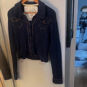 Anthropologie Navy Blue 100% cotton Knit Jacket with Orange Stitching